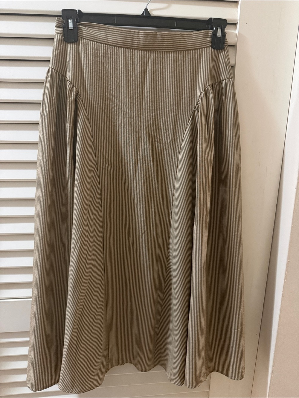 Women's A-Line Midi Skirt in Beige Pinstripe